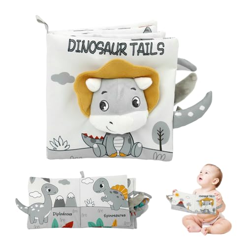 SNOWIE SOFT® Baby Cloth Book 3D Plush Tail Dinosaur Cartoon Cloth Book Squeak Sound Book Sensory Toy Cloth Book for Toddlers 6-18 Month Travel Baby Interactive Activity Toy Cloth Book