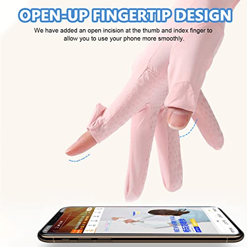 PALAY® Spandex UV Sun Protection Gloves Women Non-Slip Touch Screen Summer Ice Silk Cool Outdoor Breathable for Cycling Fishing Pink 2PCS