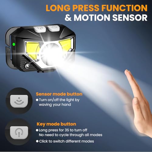 Proberos® LED Head Light with Red Flash Warning Light and Multi Work Modes, IPX5 Waterproof Rechargeable Headlamp for Camping, Hiking, Night Work with Motion Sensor and Adjustable Strap