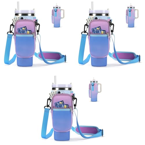 HASTHIP® Water Bottle Carrier Bag for Stanley 40 30 oz Tumbler with Phone Pocket Holder Strap Neoprene Pouch Cup Accessories Gradient Purple 3 PCS