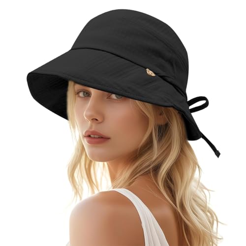SANNIDHI® Bucket Sun Hat for Women Wide Brim UV Protection Beach Hat with Chin Strap Outdoor Fashion Women Hat Adjustable Tie-Back Strap Mother's Day Gift - Black