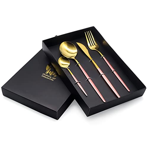 HASTHIP® 410 Stainless Steel Fork Spoon Coffee Spoon 4 Piece Set, Spoon Fork Outdoor Gift Set, Flatware with Gift Box Dinnerware Cutlery Set Tableware Set (Gold with Pink)