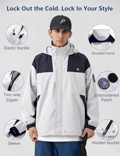 Venzina® Men's Modular Tech Wear Jacket-Hooded Abrasion Resistant Waterproof Windproof Shell with Zippered Pockets for Urban Outdoor Street Style, Light Gray-XL