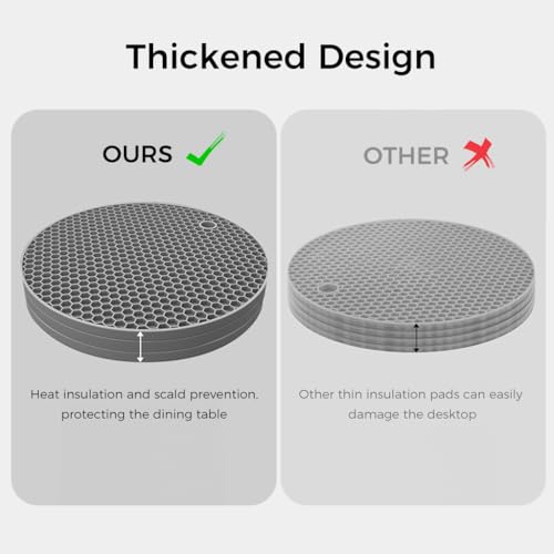 ZIBUYU® 6PC Silicone Mats for Kitchen Counter, Round Silicone Trivets for Dining Table Surface Protector Honeycomb Design Round Silicone Coaster for Hot Utensils, Cup, (7 inch), Black - 3,Grey-3