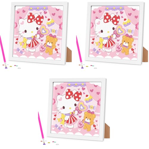 FANCYKU® DIY Diamond Painting Kit for Kids 7 Inches Cute Cat Bear with Wooden Frame Desk Decoration Craft Gift 3 PCS