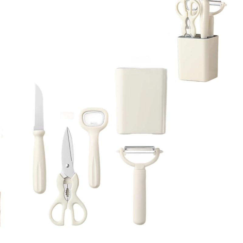 Supvox® 5-Piece Set of Kitchen Small Tools, Fruit Set with Storage seat, Melon Planer, Scissors Combination-White