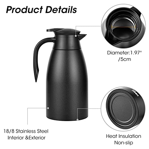 HASTHIP® 2L Thermal Coffee Jug Thermal Flask, 304 Stainless Steel Liner Insulated Vacuum Coffee Pot Flask, 24h Long Time Tea Carafe for Hot & Cold Drinks, Beverage, Tea, Milk, Porridge (Black)