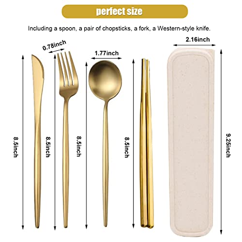 Supvox® 410 Stainless Steel Knife Fork Spoon Chopstick Set, Portable Travel Utensil Flatware Sets with Case, 4Pcs Spoon Fork Knife Chopstick for Picnic Camping Travel & Outdoor Lunch (Gold)