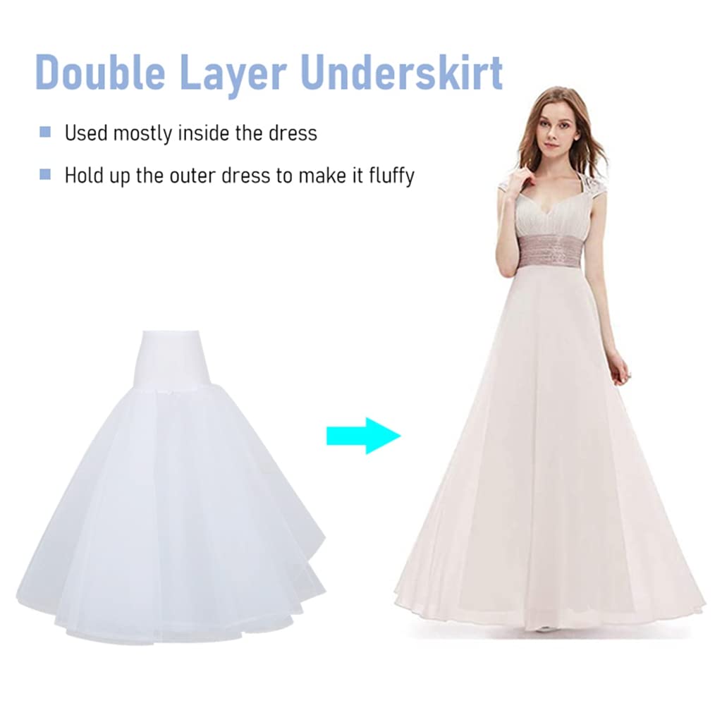Zibuyu Petticoat for Wedding and Evening Dresses featuring Double Layers Tulle 90 cm Length | White A-Line Underskirt for Women