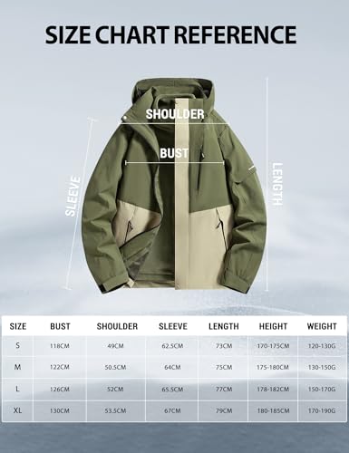 Venzina® Men's 3-in-1 Outdoor Hiking Jacket, Lightweight Windproof Waterproof Jacket with Detachable Fleece Liner for Winter Sports, Camping, Travel, Army Green-M