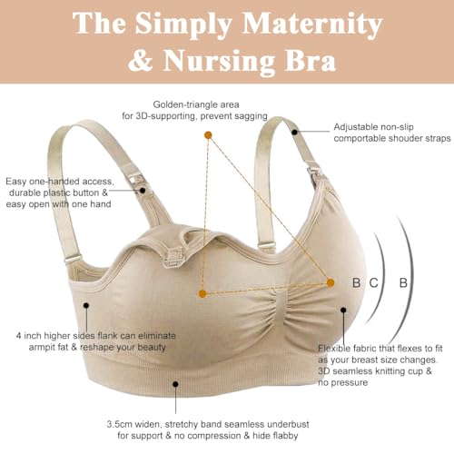 PALAY® Breastfeeding Bra Nursing Bra for New Moms Easy Release Clasp Design Breathable Nylon Nursing Bra Detachable Bra Cups Seamless Breastfeeding Bra, Beige, XL