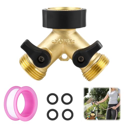 HASTHIP Garden Hose Splitter with Individual Shut-off Valves 2 Way Hose Splitter Garden Faucet Splitter Universal 3/4'' Brass Garden Hose Splitter with 4 Gaskets & 1 Roll Tape