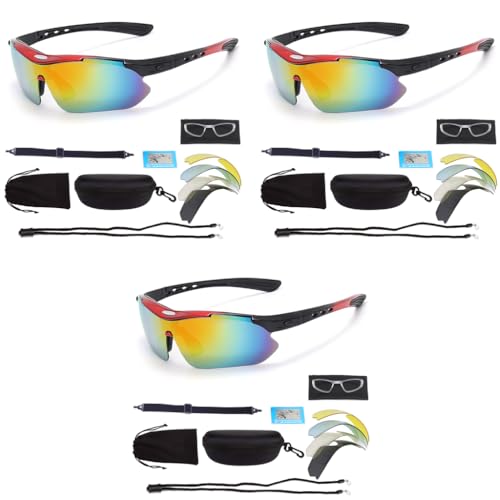 Proberos® Polarized Sports Sunglasses Non-polarized Anti Glare Riding for Driving with 5 Interchangeable Lenses Box UV Protection for Men Women 3PCS
