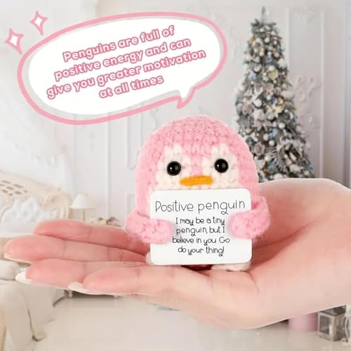 ZIBUYU® Handmade Crochet Penguin Desk Decor with Positive Message Card Cute Motivational Toys Gift for Office Home Baby Nursery Pink 2 PCS