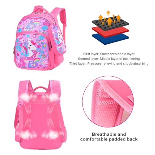 PALAY® School Backpack Pencil Pouch Pink Unicorn Print School Backpack for Schoolgirls, Waterproof Backpack for School, Travel, Camping Burden-relief Backpack School Gift for Kids 6-8Years Old