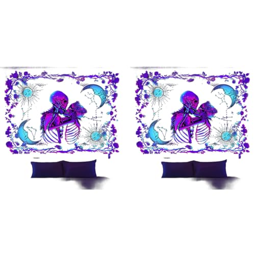 HASTHIP® UV Luminous Skull Tapestry Reactive Glow in The Dark Kissing Lovers Skeleton Wall Art for Bedroom Living Room Hanging Decor 51inch x 59inch Polyester 2PCS