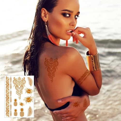 MAYCREATE 9 Sheets Temporary Tattoo for Women and Men Golden Tattoo Sticker Waterproof Assorted Temporary Tattoo Forearm Tattoo for Body Art Arm Hand Neck Tattoo
