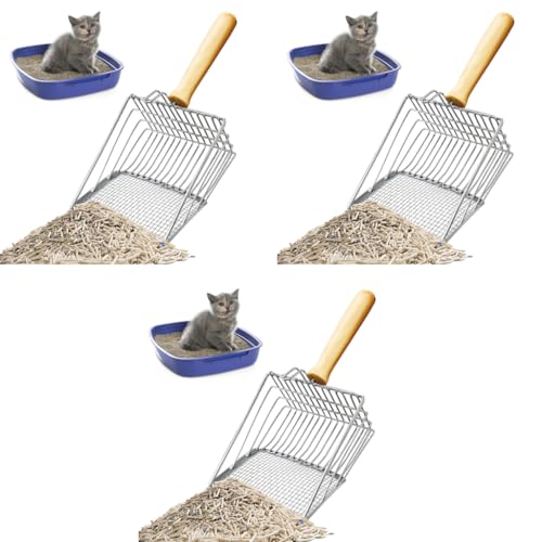 Qpets® Metal Litter Scoop Wooden Handle Fast Sifter Cat Potty Scooper 2 Kinds of Hole for 3-10Mm Clumping Clay 3PCS