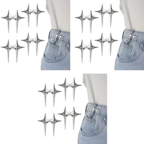 SANNIDHI® 4 Sets Adjustable Waist Buckle for Unfit Jeans Pants, Pants Size Adjuster Silver Star Instant Jeans Button Pins Waist Tightener, Detachable No Sewing Waist Adjuster for Pant Skirt X 3