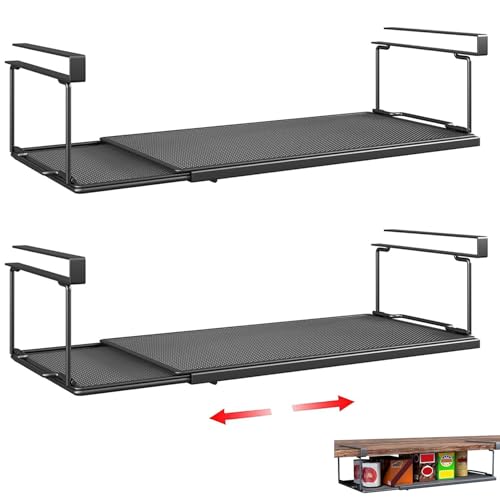 HASTHIP® Retractable Under Cabinet Shelf 2 Pack Expandable 38-70cm Metal Hanging Storage Rack For Kitchen Organization, Holds Seasoning Jars, Plates & More, Space-Saving Slide-In Design, Modern Painted Finish
