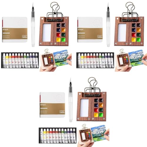 HASTHIP® Pocket Watercolor Acrylic Paint Set 12-Color 5ML Tubes Mini 8-Grid Palette Brush Pen Portable Travel Sketching Kit with Drawing Book X3