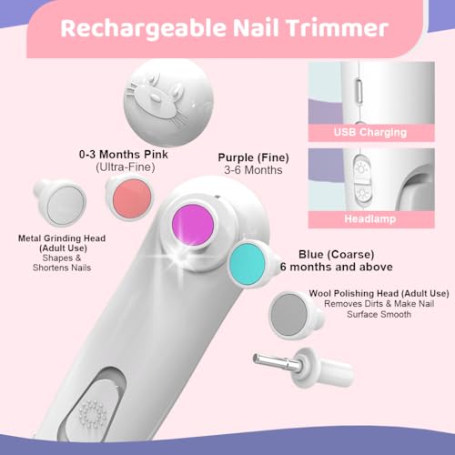 SNOWIE SOFT® Electric Nail Cutter for Baby with Clipper 2 in 1 Trimmer with Led USB Rechargeable Grooming Kit for New Born 1 Count White 3 PCS
