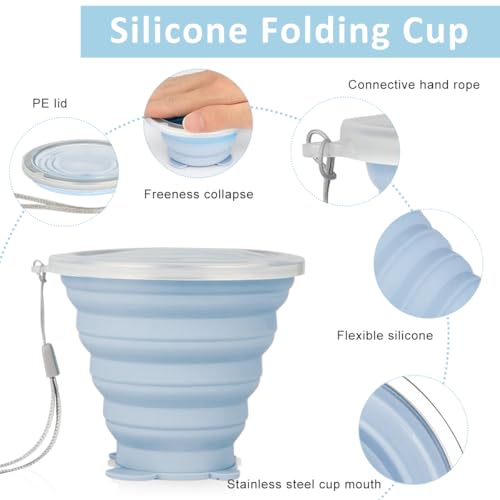 HASTHIP® 4 Pack Collapsible Cup for Travel Accessories Small Silicone Foldable Glass Cup with Lids Camping Accessories for Outdoor Reusable Expandable Drinking Cup for Travel Outdoor Camping