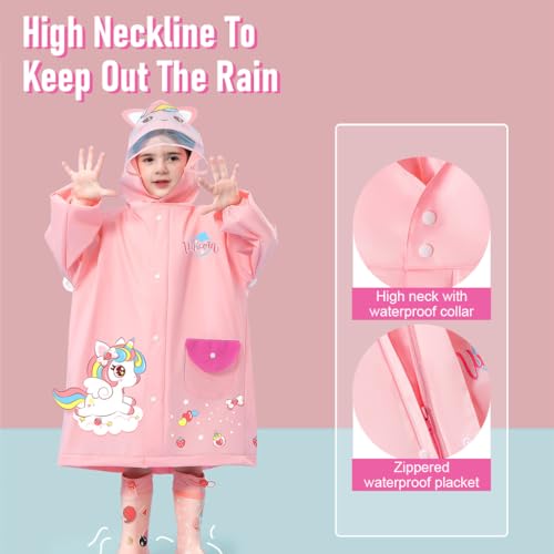 SNOWIE SOFT® Hooded Raincoat for Kids Wide Brim EVA Knee Length with Storage Bag Cartoon Unicorn Print 3-4 Years Old S Recommended Height 85-105cm 3 PCS