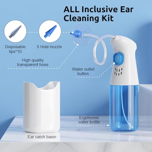 HANNEA® Manual Ear Canal Irrigator Kit with 250ml Water Cup 11 Nozzles 10 Single-Hole 1 Five Hole Gentle Wax Remover Tool Set for Kids Adults Safe Cleaning Rinser 3PCS