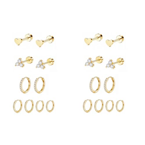 SANNIDHI® 5 Pairs Earrings Set for Women Girls Stylish Hypoallergenic Surgical Gold Flat Back Stud Earrings Hoop Earrings Stainless Steel Cartilage Earrings Gifts Earrings Combo for Multiple Piercing 2 PCS