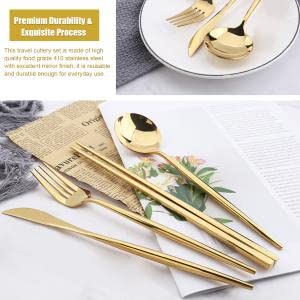 Supvox® 410 Stainless Steel Knife Fork Spoon Chopstick Set, Portable Travel Utensil Flatware Sets with Case, 4Pcs Spoon Fork Knife Chopstick for Picnic Camping Travel & Outdoor Lunch (Gold)