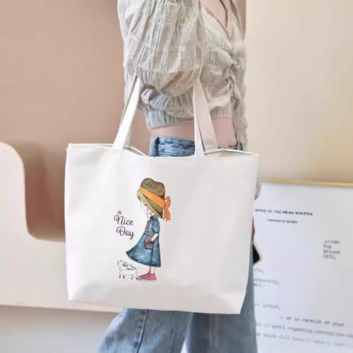 ZIBUYU® Cotton Canvas Tote Bag for Women - Reusable Straw hat Girl Shopping Bag with Graphic Print, Foldable & Washable for College, Beach, Work & Daily Use (White, 1 Pc)