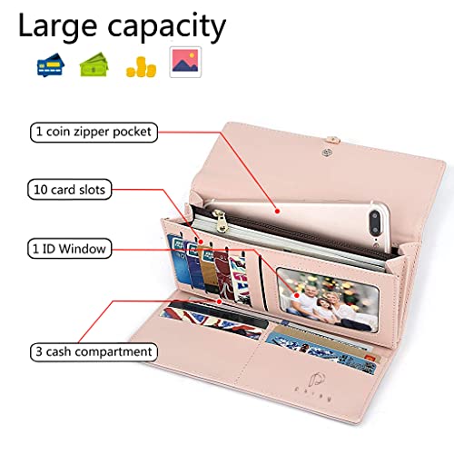 PALAY® Womens PU Leather Long Wallet Leaf Pendant Card Holder Phone Pocket Girls Zipper Coin Purse Pink 3PCS