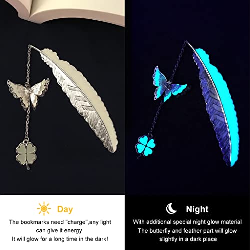 HASTHIP® Metal Feather Bookmark Glow in The Dark Bookmarks for Books 3D Silver Butterfly Four Leaf Clover Gift for Teachers Women Student Mothers Day Christmas 3PCS