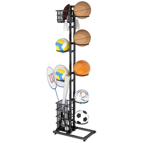 Proberos® Ball Stand Organizer Rack with 7 Ball Bracket & Basket,for Football,Basketball Volleyball Badminton & Tennis Rackets DIY Assembly Accessories Storage Stand with Suction Cup Base