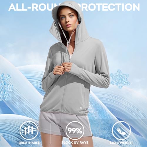 Venzina® Women's UPF 50+ Sun Protection Jacket Lightweight Sunscreen Hoodie for Hiking Outdoor Long Sleeves Sun Shirt Cooling UV Clothing with Pockets, Light Gray, 2XL