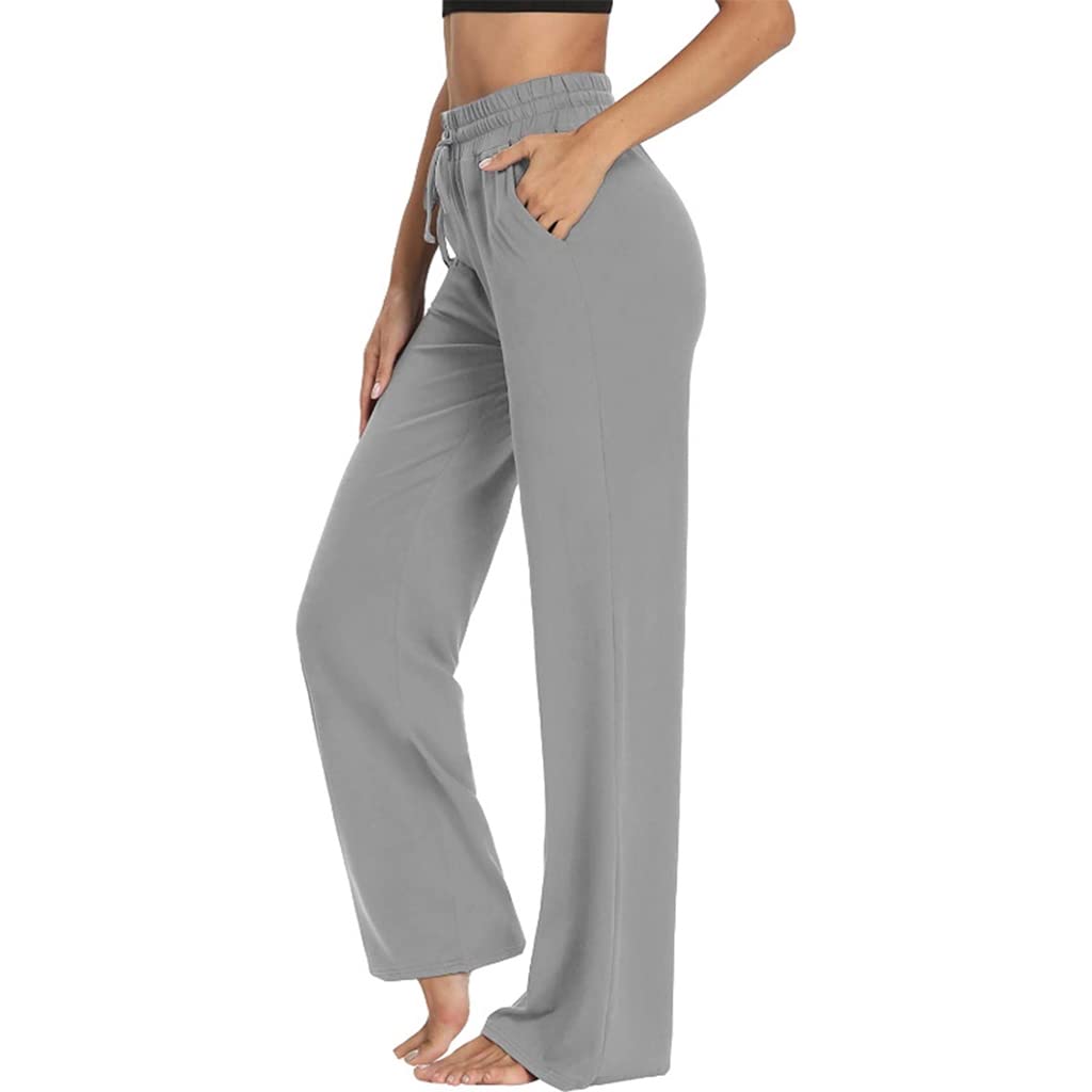 PALAY® Yoga Pants for Women Cotton Sweatpant Wide Leg Lounge Pajamas Pants with Pockets, Casual Trousers Comfy Drawstring Straight Pants for Jogging Workout Running (Grey, Size L)