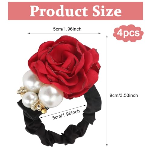 PALAY® 4pcs Hair Scrunchies for Women Rose Flower Hair Ties Rope Handmade Pearl Hair Elastics Bun Accessories Elastic Ponytail Holder Gift for Girls