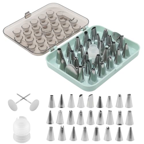 HASTHIP® 29 Piece Cake Decorating Set, Includes 26 Stainless Steel Tubes, 1 Standard Coupler, 2 Flower Nails in Hinged Storage Box