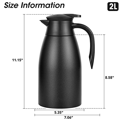 HASTHIP® 2L Thermal Coffee Jug Thermal Flask, 304 Stainless Steel Liner Insulated Vacuum Coffee Pot Flask, 24h Long Time Tea Carafe for Hot & Cold Drinks, Beverage, Tea, Milk, Porridge (Black)