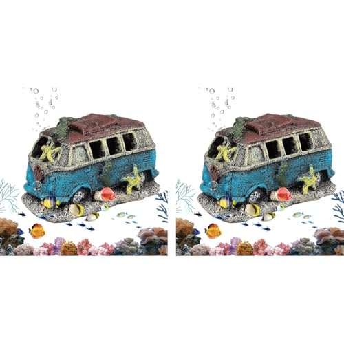 Qpets® Fish Tank Accessories Aquarium Decorative Items Vintage Resin Old Bus with Hiding Cave Engraving Seaweed Starfish for Fish Shrimp Betta 13x7.5x8CM 2PCS