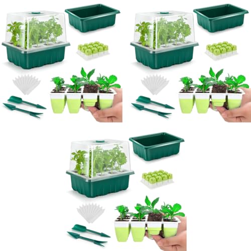 HASTHIP® Seed Starter Tray with 12 Seeding Pots Reusable Silicone Multi Start Tray with Ventilation Clear Lid Drip 2 Dual-Head Tools Transplanting Mat 10 Blank Labels 3 PCS