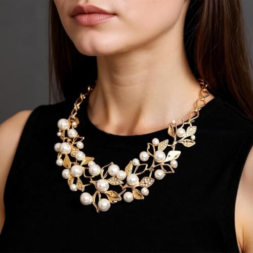 ZIBUYU® Necklace & Ear Studs Combo Set Floral Pearl Necklace Ear Studs Bold Sparkling Rhinestone Embellishment Alloy Chain Necklace Women Jewelry Gift Set, Golden