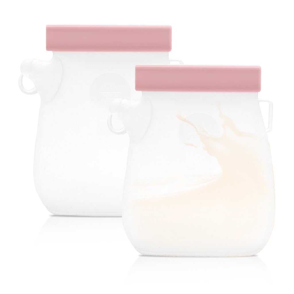 SNOWIE SOFT Breast Milk Storage Bags 320 ml for Baby Feeding with Double Seal Nozzle | BPA-Free Silicone Pink Set