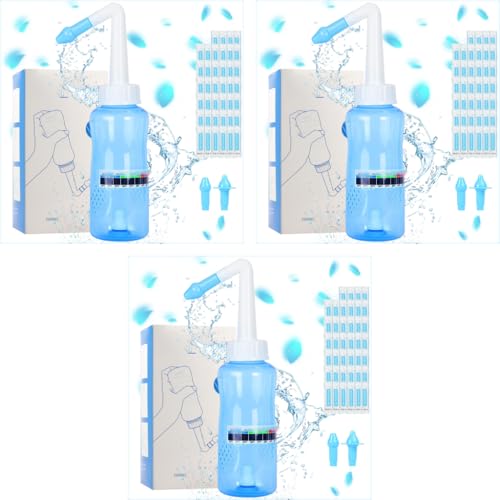 HANNEA® Neti Pots for Sinus Rinse Bottle Nasal Wash Irrigation Jal Pot with 2 Nozzles 40 Salt Sticker Thermometer Nose Cleaner Washing for Adult Kid Travel Essentials 300ML 3PCS