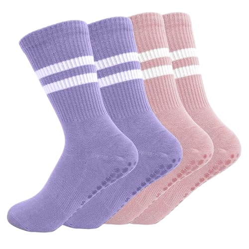 Proberos® 2 Pairs Yoga Socks for Women, Anti-slip Yoga Socks Anti-odor Cotton Socks Compression Sport Socks Fashion Women Socks Floor Socks for Yoga, Pilates, Running, Dance, Pink & Purple