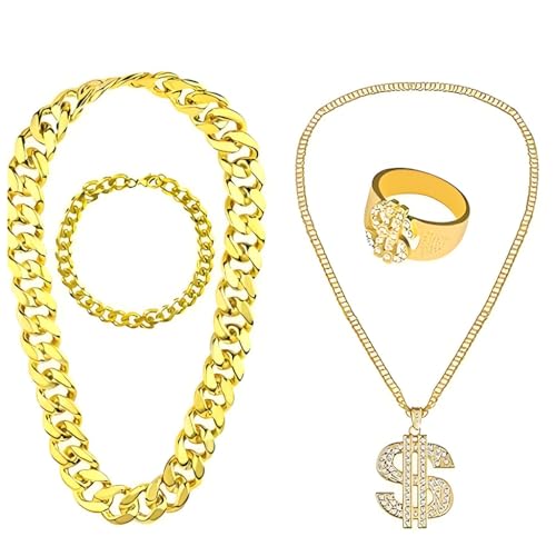 PATPAT® Golden Alloy Jewelry Set for Men, 4-Piece Hip Hop Jewelry Set, Cuban Chain Necklace, Bracelet, Dollar Sign Pendant Necklace & Bling Ring, Men's Wardrobe Costume Accessories