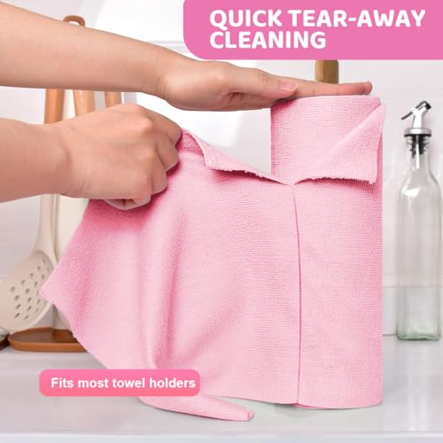 HASTHIP® 15-Count Microfiber Cleaning Cloth Roll 25x40cm Absorbent Car Clothes Microfiber Reusable Kitchen Towels Roll Dusting Dish Cloth Pre-Cut Tear Away Kitchen Cleaning Clothes (Pink)