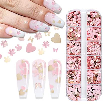 ELEPHANTBOAT Nail Sequins Kit for DIY Nail Art with 12 Grid Gold and Pink Flower Glitter | Heart and Butterfly Decoration Supplies