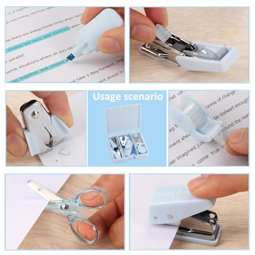OFIFO® Stationery Items Handbook Tool Box, Cute Stationery 8 Multipurpose Combo Pack Stapler Machine, Staples Hole Puncher Paper Scissor, Stationery Combo Gift Set, Pack of 1